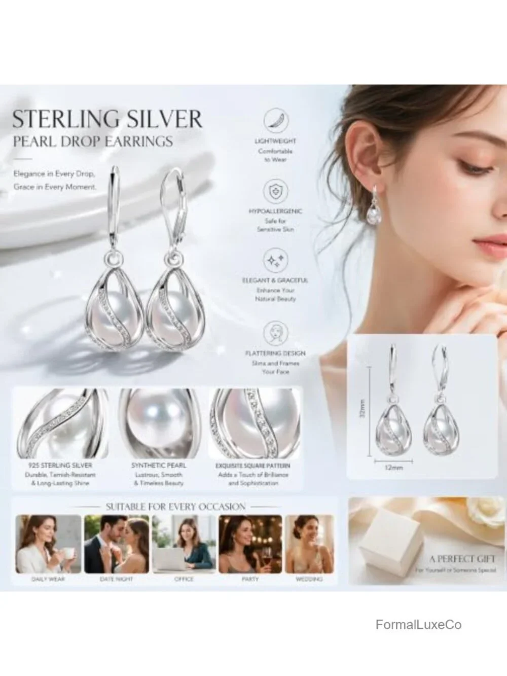 18K Gold Plated Caged Pearl Drop Dangle Earrings Leverback Lightweight Teardrop
